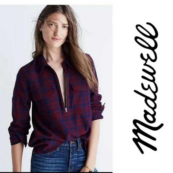 Madewell Tops - Madewell McKinney popover zip plaid shirt M